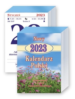 This is a traditional Polish tear off calendar with a hole for hanging. 736 pages. Size approx 3 " x 4.5" x 1". Each day lists the names of the saints for that day, the time of sunrise and sunset, the day of the year and famous quotes.