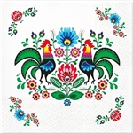 Package of 20 luncheon napkins featuring a beautiful Polish folk pattern. Three ply napkins with water based paints used in the printing process.