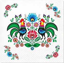 Package of 20 luncheon napkins featuring a beautiful Polish folk pattern. Three ply napkins with water based paints used in the printing process.