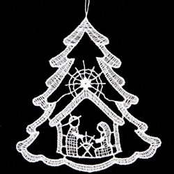 Add a home-spun touch to your Christmas decor with this delicate white lace ornament. Skillfully stitched with fine thread in Germany, our charming design features a Christmas tree with a manger scene complete with a Bethlehem star.