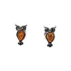 Cognac Amber/Cubic Zirconia Sterling Silver Owl Stud Earrings. Teardrop-shaped amber, and cubic zirconia stones set in .925 sterling silver. Genuine Baltic amber. Size is approx 0.5"  x 0.25"