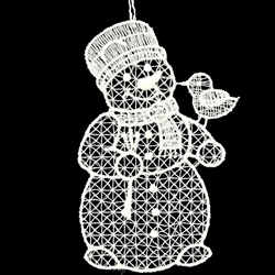 Skillfully hand-made in Germany in fine white thread, this delightful lace ornament depicts a bird perched on the arm of a friendly snowman. Coming ready to display on a loop of matching thread, this delicate design measures 3Â½" tall and is perfect for