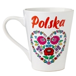 This colorful ceramic mug features a beautiful Polish folk design. Hand wash only. Made In Poland. 250ml/8.5oz capacity.  Please note that current version has POLSKA above the heart.