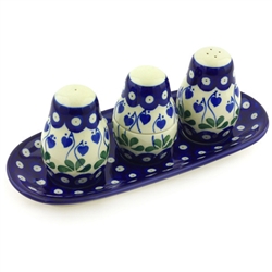 Polish Pottery Salt, Pepper, Toothpick Set. Hand made in Poland and artist initialed.