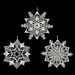 It's said that in God's creation, no two snowflakes are identicalâ€”each are unique and wonderfully made. Featuring 3 different geometric designs, this gorgeous lace snowflake trio set is skillfully hand-crafted in Germany.