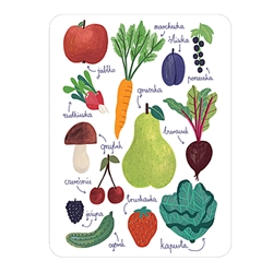 This magnet is about the size of a business card, is non-flexible with a strong magnet. List of fruits and vegetables