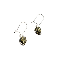 Green  Amber / Flower Design Silver Dangle Earrings. Oval-shape amber stones set in a.925 sterling silver. Amber earrings on silver hooks. Size is approx 0.8" x 0.25"