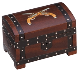 Polish Art Center - This box, styled like a small chest, is decorated on the lid by the images of two pistols. The box locks and is sold with a key. Handmade in Poland's Tatra Mountain region.