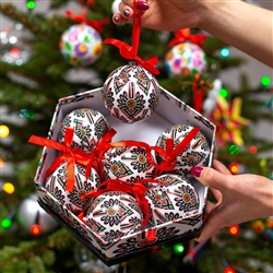 Folk art is the perfect souvenir from Poland. Lightweight, unbreakable plastic with a decorative Mountaineer parzenica pattern. Each ornament comes with a ribbon for hanging. Ornament size approx 3" diameter.