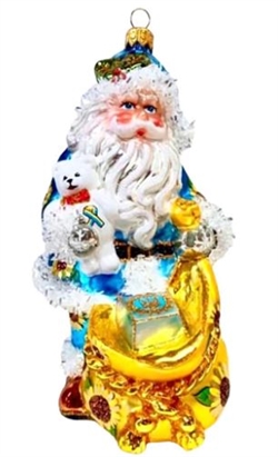 This Santa is hand painted in Ukrainian colors and was expertly crafted of glass in Poland and measures approximately 7" tall. Santa is finished with both textured and silver mylar glitter.  The ornament is free standing or can be hung.