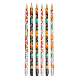 Beautiful folk designs. Perfect for gifts. Standard No.2 pencil with eraser.
7.5" long.  3 with black erasers.
