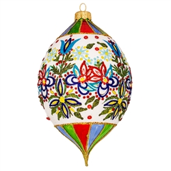 This ornament is hand painted and was expertly crafted of glass in Poland and measures approximately 7" tall x 4" wide.