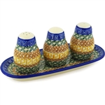 Polish Pottery Salt, Pepper, Toothpick Set. Hand made in Poland and artist initialed.