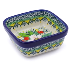 Polish Pottery 4" Square Bowl. Hand made in Poland. Pattern U4812 designed by Maria Starzyk.