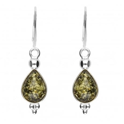 Green Amber Teardrop Earrings. Size Approx 1.5" x .4". Sterling Silver with leverback hooks. Amber is soft, only slightly harder than talc, and should be treated with care.