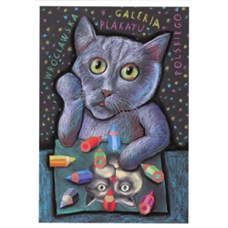 Post Card: Cat with Crayons, Polish Promotion Poster designed by Leszek Zebrowski in 2017. It has now been turned into a post card size 4.75" x 6.75" - 12cm x 17cm.
Cat eating computer mouse