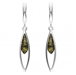 Green Amber Artistic Earrings. Size Approx 1.75" x 0.25"". Sterling Silver with leverback hooks. Amber is soft, only slightly harder than talc, and should be treated with care.