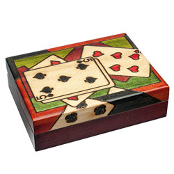 An asymmetrical playing card box, the card feel as if left naturally on the table. Has a division, each interior compartment holds a standard deck of cards. Hold two standard decks of playing cards.