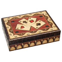Traditional playing card box with 4 Aces. Complex use of curved brass inlay. Border and trim of top lid are comprised of hundreds of hand burned vertical strokes, presenting a decorative structure with an organic touch. Division panel inside, holds two st