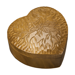 This box was made by a local Polish craftsman specializing in hand carving using wood chisels. Medium heart with carved sunflower with leaves in a brown color, slides sideways on a press fit wooden dowel to open.  Size is approx 4.75" x 4.5" x 2.5"