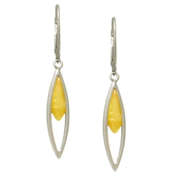 Custard Amber Artistic Earrings. Size Approx 1.75" x 0.25". Sterling Silver with leverback hooks. Amber is soft, only slightly harder than talc, and should be treated with care.