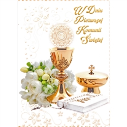 Polish First Communion Card - This card is beautifully embellished with shimmering detail around the chalice and on the flowers.