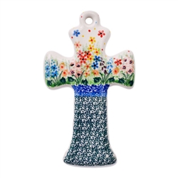 Polish Pottery Cross 7.5". Hand made in Poland. Pattern U4893 designed by Teresa Liana.