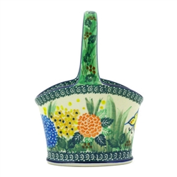 Polish Pottery 5" Basket with Handle. Hand made in Poland. Pattern U2211 designed by Teresa Liana.