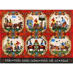 This beautiful note card features 6 Polish folk scenes. The scenes are framed in colorful paper cut flowers from the Lowicz region of Poland. The mailing envelope features flowers in both the foreground and background. Spectacular!