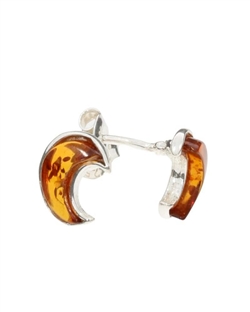 Cognac Amber Sterling Silver Moon Earrings. Amber stones set in .925 sterling silver. Genuine Baltic Amber jewelry. Stud Earrings. Size is approx 0.3" x 0.3"