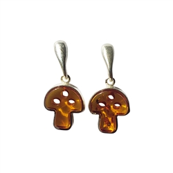 Baltic Amber Mushroom Earrings. Cognac Amber Sterling Silver Mushroom Post Dangle. Cognac amber stone set in .925 sterling silver. Genuine Baltic Amber jewelry Size is approx 0.9" x 0.5"