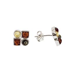 Multi Color Amber Sterling Silver Stud Earrings. Amber stones set in .925 sterling silver. The shapes of the stones are round and square. The colors of amber are cognac, green and citrine. Made of genuine natural Baltic amber imported from the Baltic regi