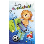 Fun Pop up Skate Boarding Lion with a birthday Present! This card is only in Polish language
