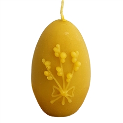 Pure Beeswax Pisanki "Pussy Willows" Candle  Size is approx 3" x 2".  As well as filling your home with the delicious scent of honey, burning beeswax candles produces negative ions. These are thought to neutralize airborne pollutants, helping to remove