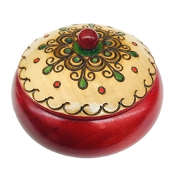 This unique round box is decorated with a repeating circular pattern on the lid. The box is finished in a rich maroon.  Size is approx 5" x 3" high