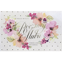 A beautiful Wedding Anniversary card in Polish language.
â€‹The front of this card is dazzling with glitter and the flowers are raised with text in hot stamped gold to make this the most elegant presentation!