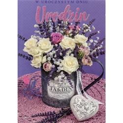 High quality, thick stock was used to make this card. Text Urodziny and flower details are dusted with glitter.