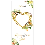 The gold trimmed heart on the front is cut out so that the shiny gold numbers can be visible - see the second pic for an example.
the card is actually a trifold with the window, the numbers and the inside has the greeting text.