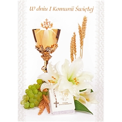 Polish First Communion Card - This card is beautifully embellished with shimmering detail on the wheat and on the flowers.