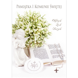 Polish First Communion Card - This card is beautifully embellished with shimmering detail on the rosary and on the flowers.