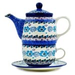 Polish Pottery Stoneware Personal Teapot, Cup and Saucer Set 16 oz.