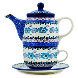 Polish Pottery 16 oz. Personal Teapot Set. Hand made in Poland and artist initialed.