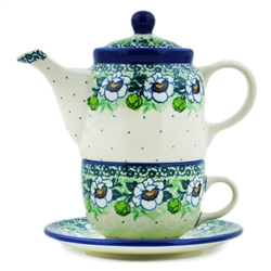 Polish Pottery 16 oz. Personal Teapot Set. Hand made in Poland and artist initialed.