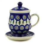 Polish Pottery 8 oz. Herbal Mug, Infuser and Plate. Hand made in Poland and artist initialed.