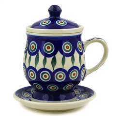 Polish Pottery 8 oz. Herbal Mug, Infuser and Plate. Hand made in Poland and artist initialed.