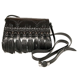 Beautiful hand-crafted leather purse with tassles, Highland folk design and metal fittings.
Fine supple natural leather and high quality Polish craftsmanship. Attached adjustable (20" - 26") leather strap. Made in the Tatry region of southern Poland.