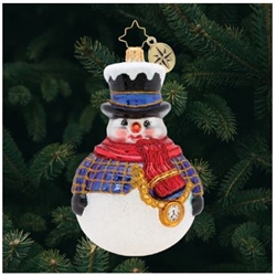 Round and round, he rolls! Our dapper snowman is ready for winter with his warm red scarf and adorable top hat!
DIMENSIONS: 4.5 in (H) x 2.75 in (L) x 3 in (W)