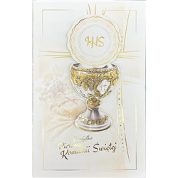 Polish First Communion Card - This card has a raised chalice and is beautifully embellished with shimmering gold detail.