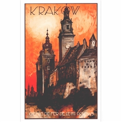 Post Card: Krakow poster was designed by artist Stefan Norblini in 1935. It has now been turned into a post card size 4.75" x 6.75" - 12cm x 17cm. â€‹Krakow's gothic Wawel Hill and it's 3 towers; The Cathedral, the Silver and Clock Towers.