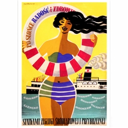 Post Card:  Polish Tourist Poster by Tadeusz Cialowicz in 1957 It has now been turned into a post card size 4.75" x 6.75" - 12cm x 17cm.
â€‹For Sun, Joy and Health!  Inland and coastal vessels